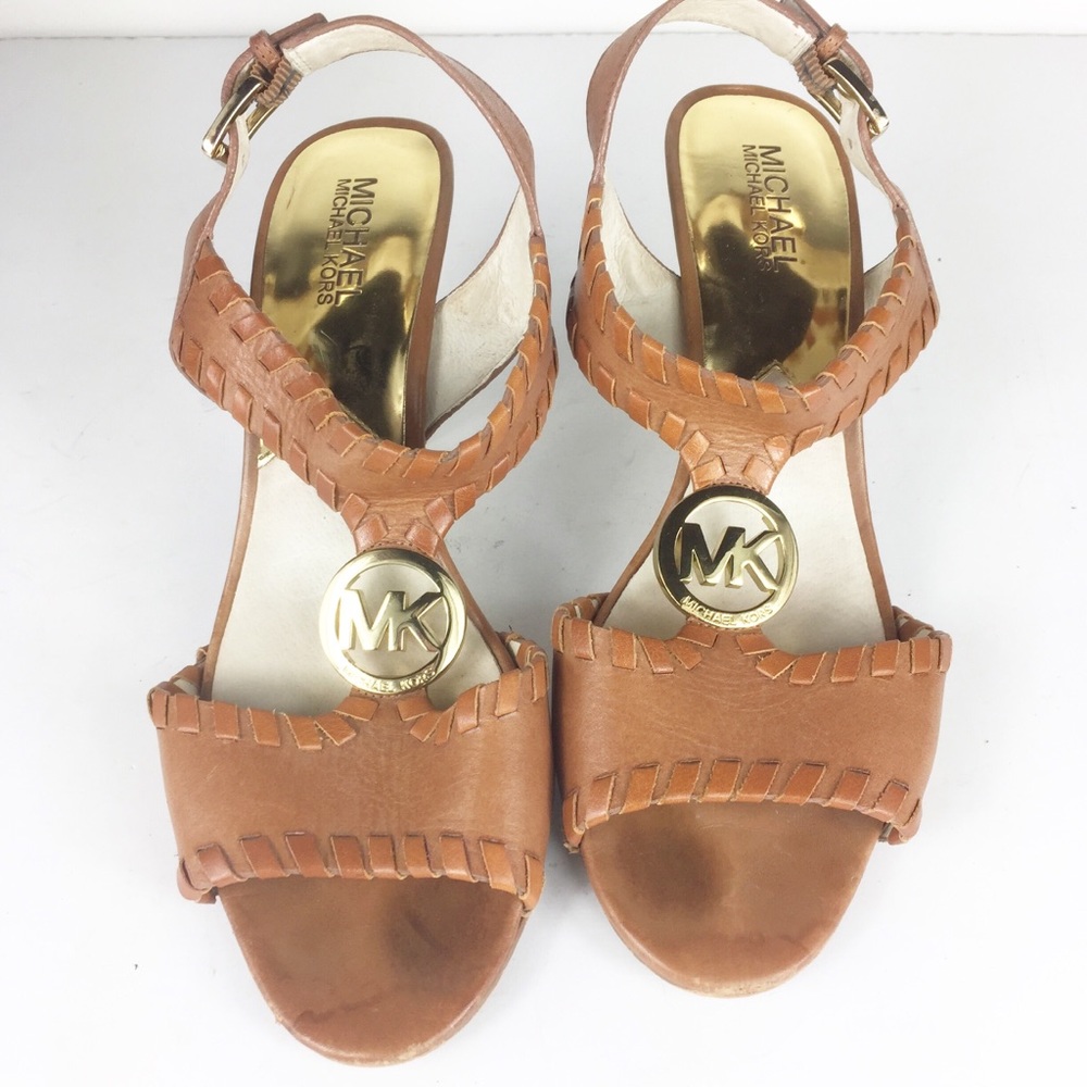 Michael Kors Brown Open Toe Logo Medallion Heels